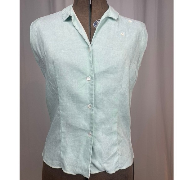 Vintage 60s Irish Linen Button Up Shirt Womens (S)Tailored Embroidered‎ Coastal - Picture 1 of 8